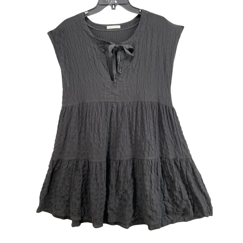 Robin Piccone Swim Coverup M Black Textured Tie Neck Tiered‎ Babydoll Resortwear